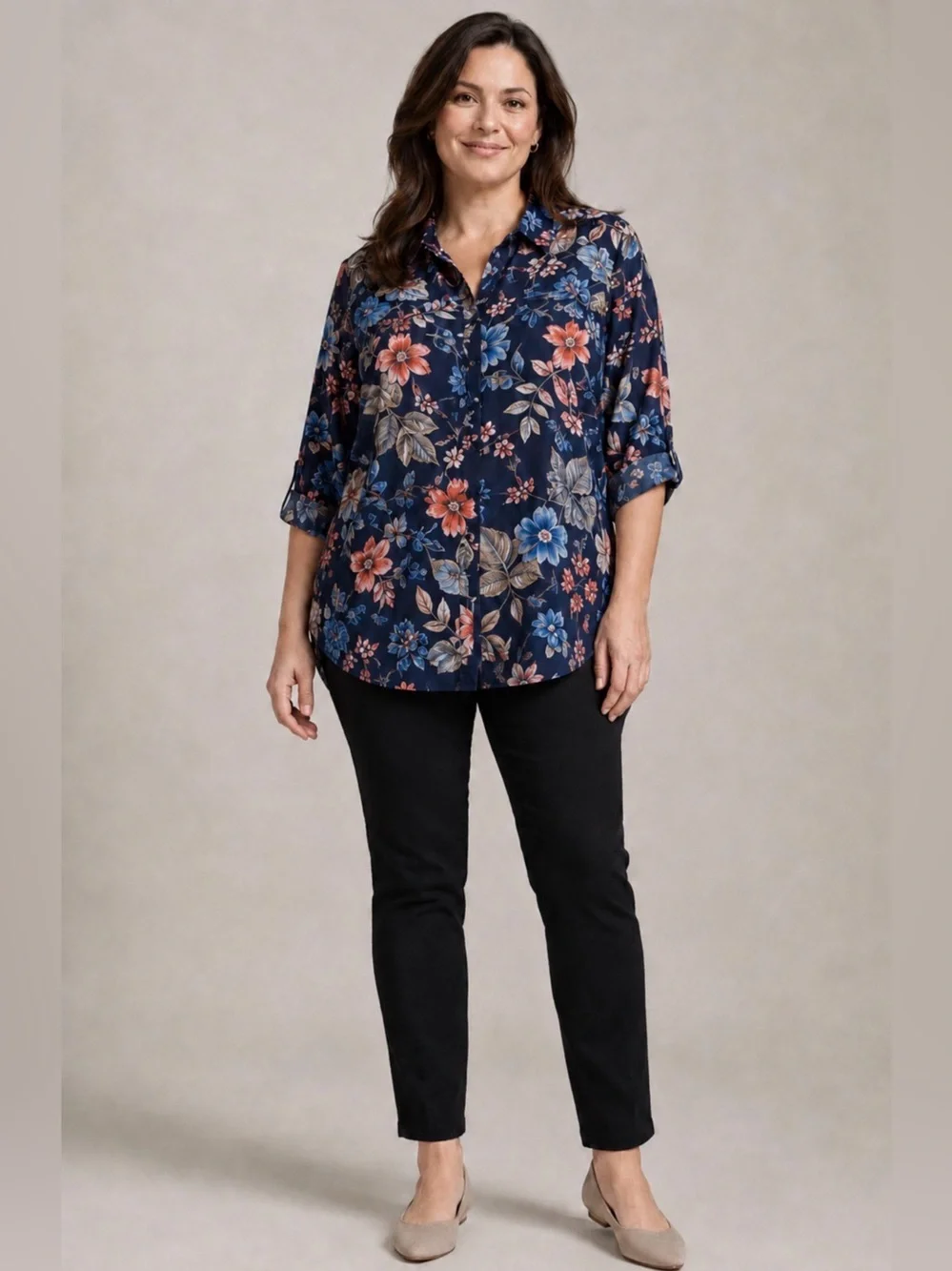Chico’s Size 4 Navy Floral Button Front Hi Low Blouse Roll Tab Sleeve NWT